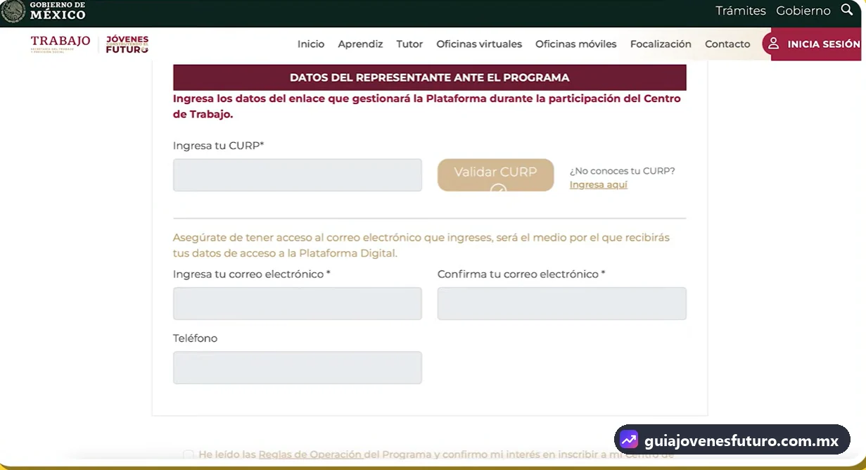 Formulario de datos del representante del centro de trabajo en Jóvenes Construyendo el Futuro con CURP, correo electrónico, confirmación y teléfono