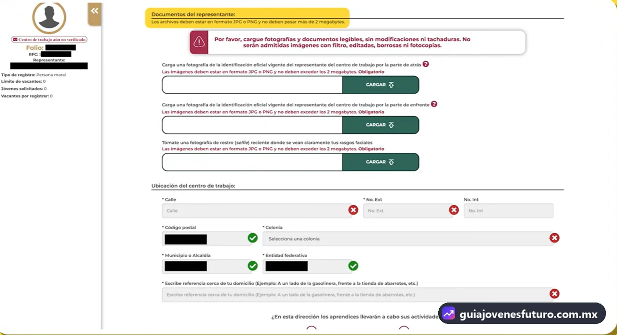 Carga de documentos del representante del centro de trabajo en Jóvenes Construyendo el Futuro: identificación por ambos lados y selfie