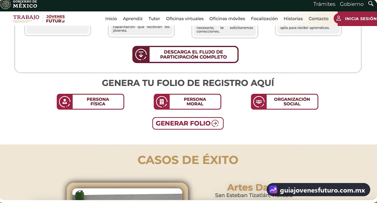 Sección Genera tu folio de registro aquí con las opciones persona física, persona moral u organización social en Jóvenes Construyendo el Futuro