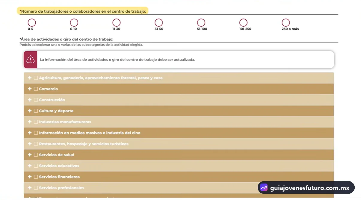 Selección del número de trabajadores y del giro del centro de trabajo en Jóvenes Construyendo el Futuro