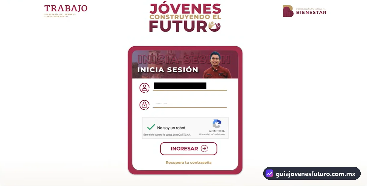 Pantalla de inicio de sesión de la plataforma de Jóvenes Construyendo el Futuro con usuario, contraseña, reCAPTCHA y enlace para recuperar la contraseña