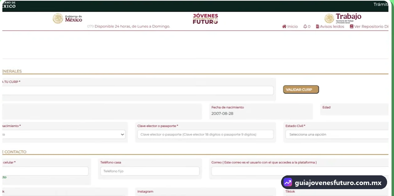 Formulario de registro de Jóvenes Construyendo el Futuro con los campos CURP, fecha de nacimiento, clave de elector o pasaporte, estado civil y datos de contacto