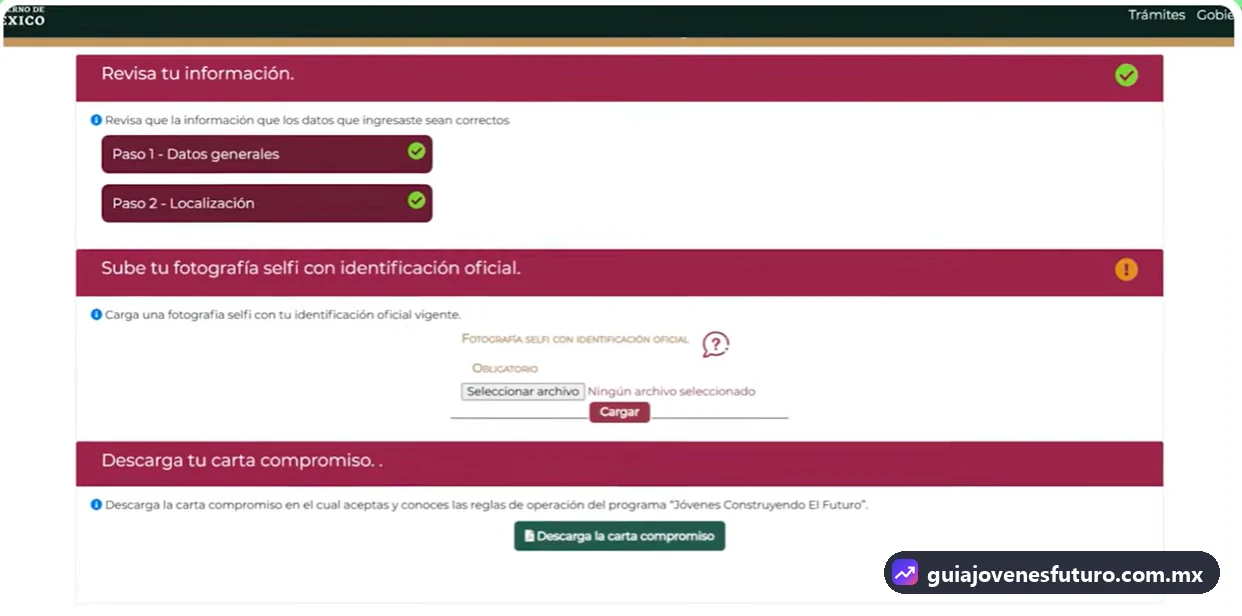 Pantalla Revisa tu información de Jóvenes Construyendo el Futuro con datos generales, localización, selfie con identificación oficial y carta compromiso